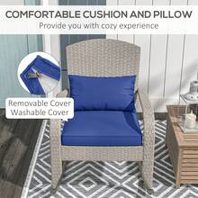 Outsunny Outdoor Wicker Adirondack Rocking Chair, Patio Rattan Rocker Chair With High Back, Seat Cushion And Pillow For Garden, Porch, Balcony, Dark Blue - 藍色 - 查看 5