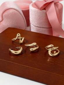 4 Pcs/Set Retro Fashion Geometric Open Circle Liquid Asymmetrical Ring Set, Charming Jewelry For Women, Suitable For Parties And Daily Wear - 金色 - 查看 2