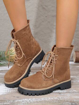 1 Pair Women's Thick Sole Brown Khaki Vintage Classic Fashion Ankle Boots, Autumn/Winter Boots