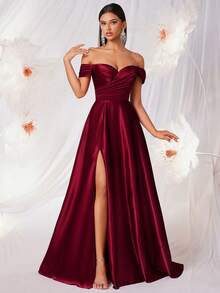 女士优雅露肩褶皱高腰A字露背系带连衣裙，适合舞会、派对、毕业典礼、生日、盛大晚宴、返校节、婚礼宾客着装、正式晚宴、新年庆祝活动等场合。