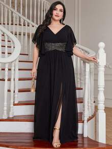 UNITHORSE Plus Size Bridesmaid Dress With Sequin Waist, Ruffle Hem And Side Slit, Chiffon - Black - View 4