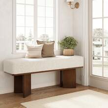 LITTLE TREE Modern Shoe Bench With Cushion, 47-Inch Entryway Bench, Rectangle End Of Bed Bench For Bedroom, Ivory Tufted Upholstered & Brown Wooden Pedestal, Ideal For Living Room Hallway Dining Table - 棕色 - 查看 2