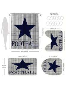Conjunto de cortina de chuveiro com estampa de estrela de futebol, 1/3/4 peças, à prova d'água, lavável, para decoração de banheiro, com cortina de privacidade para janela, acessórios para banheiro, tecido de poliéster à prova d'água, tapete de banho antiderrapante, tapete higiênico em formato de U, divisória de banheiro, acessórios decorativos, decoração moderna para sala de estar, cortina suspensa, adequada para decoração de casa, decoração de banheiro, decoração de Natal, decoração para feriados e do dia a dia