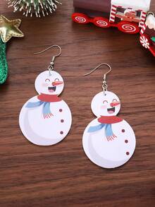 1 Pair Vintage Winter Cute Snowman Pendant Earrings, PU Double-Sided Christmas Cartoon Earrings, Party Gift