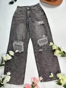Pantaloni din denim spălat casual pentru femei, toamnă/iarnă, cu buzunare și găuri rupte, blugi pentru costume de Halloween la modă - Gri deschis - Vizualizare 3