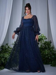 (No Positioning Flowers) Square Neck Embroidered Lace Long Sleeve High-End Evening Dress