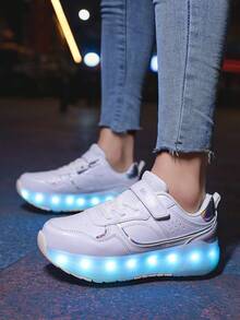 Teens' Wheeled Shoes, Roller Skate Shoes, Four-Wheel Skate Shoes, Small Four-Wheel Shoes, LED Rechargeable Luminous Shoes, Skateboard Shoes - White - View 7
