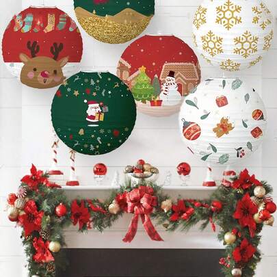 6pcs Christmas Lantern Set (12 Inches) DIY Paper Lantern Santa Claus Reindeer Christmas Tree Pattern Christmas Party Holiday Home Decoration Party Background Decoration Background Decoration