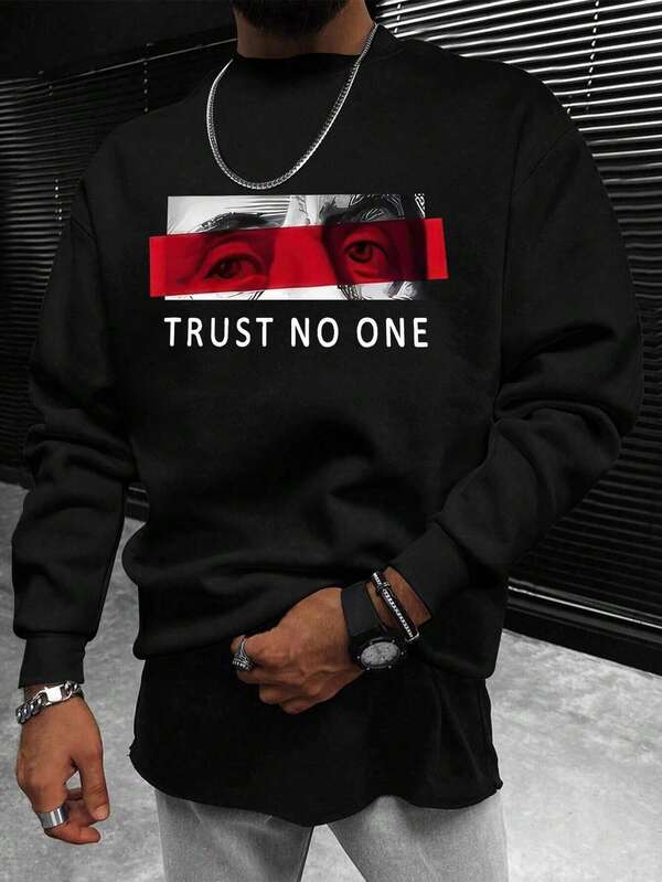 Plus Size Men's Casual Round Neck Sweatshirt, Text Graphic Print, Urban Street Style, Suitable For Casual, Sports, Weekends, Spring, Summer, Autumn, Winter