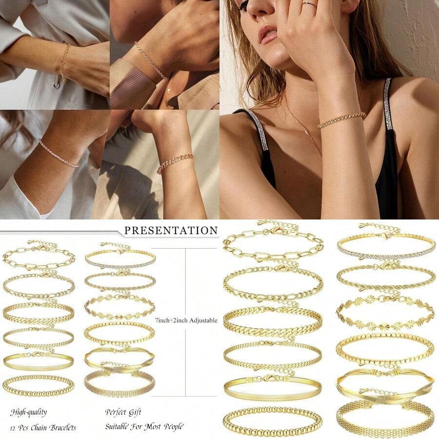 12Pcs Gold Chain Bracelet Jewelrys Set For Women Men Link Curb Cuban 14K Gold Plated Beaded Boho Stackable Adjustable Bracelet Jewelrys Paperclip Cuff Bangle Layered Jewellery Set