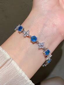 1 pieza Pulsera de cobre con circonita cúbica de trébol de cuatro hojas de colores, estilo de moda Dopamina, elegante pulsera de cadena para uso diario de las mujeres, regalo