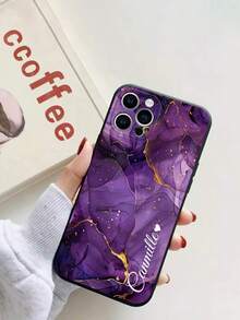 1pc Customized Marble Pattern Heart Text Transparent Anti-Drop Phone Case Compatible With IPhone11/12/13/14/15/16/16pro/16plus/16promax/16e/17/17air/17pro/17promax/S25/S25plus/S25ultras25FE/9/9a/9pro/9proxl, Ideal Gift For Boyfriend, Girlfriend, Parents, Family - Black - View 2