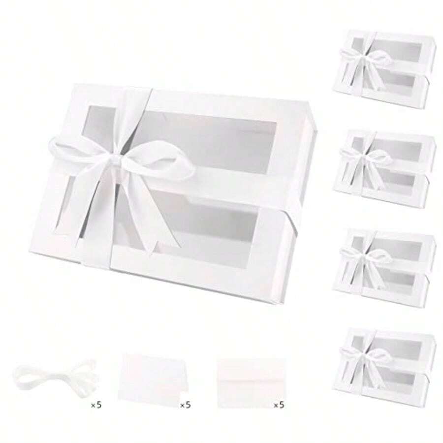 MALICPLUS 5 White Gift Boxes With Window 22.86x16.5x9.6 CM Clear Gift Boxes For Present Contains Ribbon Card Bridesmaid Proposal Boxes Gift Boxes With Magnetic Lid Glossy White