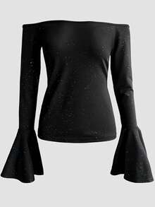 ChicMe Women Off Shoulder Glitter Top Bell Sleeve Slim Fit Stretchy Pullover T Shirt Sexy Elegant Party Date Daily Streetwear