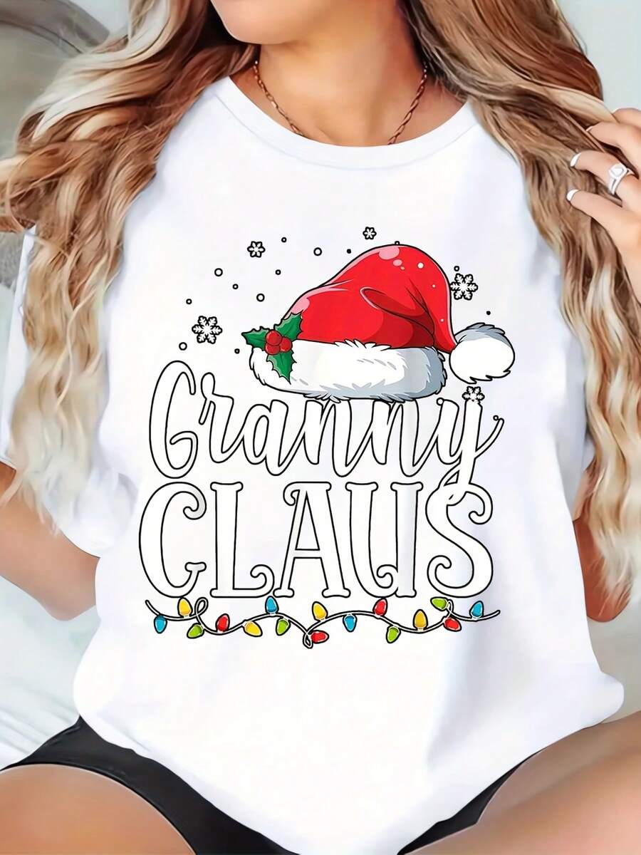 Christmas Granny Claus Santa Hat Women's T-Shirt Holiday Fun Festive Graphic Tee For Xmas Party Gift,220g - 白色 - 查看 1
