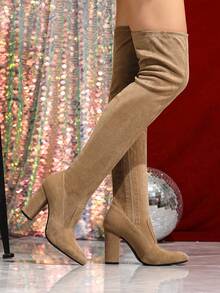 Women's Slim Leg Thick Heel Side Zipper Knee-High Boots, Fashion Riding Boots For Autumn/Winter - Khaki - View 12