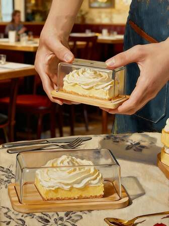 1pc Cake Storage Box, Bamboo Tray + Transparent PET Dust Cover, Restaurant Food Storage Container, Multi-Functional Cake, Dessert, Butter, Bread Storage Box, Suitable For Different Cake Or Food Sizes, Can Be Placed In Refrigerator To Keep Fresh, High-End Dessert Display Box, Suitable For Home Kitchen Food Storage And Restaurant Table Food Storage