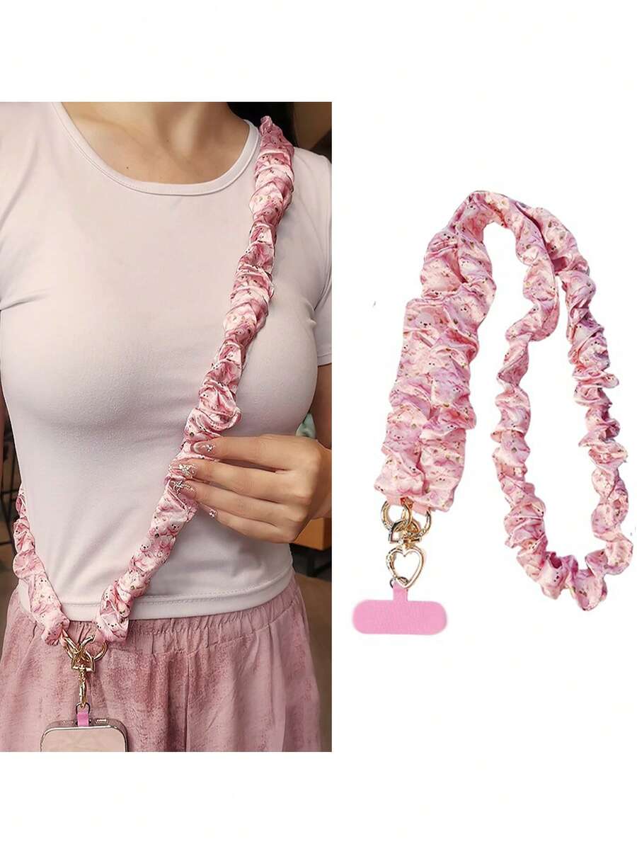 1pc Elastic Silk Printed Ribbon Pleated Phone Lanyard Crossbody Phone Strap Necklace For Women, Anti-Lost Phone Hanging Cord, Creative Phone Lanyard Suitable For Outdoor, Hiking, Shopping, Travel