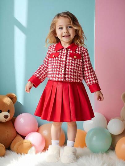 3pcs Young Girl Autumn/Winter Fashion Elegant Set, Patchwork Red Leather Jacket With Bow Decor + Black Textured Turtleneck Vest + Red Leather Pleated Shorts, Stylish, Graceful, Cute Outfit, Suitable For Casual And Daily Wear