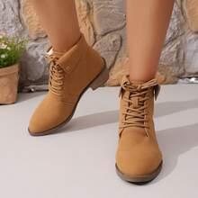 Autumn/Winter New Suede Boots For Women, Camel Chunky Heel Lace-Up Ankle Boots With Foldover Metal Buckle, Fashionable - Brown - View 5