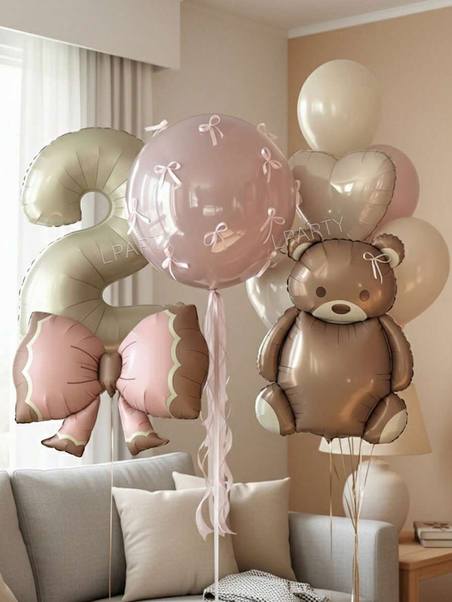 23pcs/Set 40-Inch (Approx. 101cm Height) Cream Color 0-9 Number Balloons, Giant Brown Bear Foil Balloon, Matte Pink Bow Balloons, 18-Inch Macaron Pink Latex Balloons, 24-Inch Clear No-Tie Bubble Balloons, 10-Inch Macaron Pink & Vintage Beige Latex Balloons, Pink Bows, Suitable For Birthday Party Decorations, Baby Shower - Multicolor - View 1