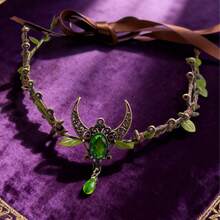 1pc Retro Elegant Tiara For Women Metal Crystal Forest Branch Hair Band Decor Handmade Forest Woodland Elf Hair Tiara Butterfly Deer Twig, Halloween - 綠色 - 查看 7