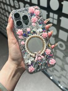 1 szt. Sheer Luxe Pearl Crown Mirror Sparkle Diamond Phone Case Round Bow Mirror Purple Pink Flower Party Phone Back Cover kompatybilny z Galaxy S23 S24 25 Ultra A15 A13 A56 A52 A53 A55 A26 A34 i kompatybilny z 15 12 13 14 16 Plus 17 Pro Max