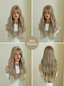 AKAKO 24 Inch Flax Blonde Long Wavy Wig With Curtain Bangs, High Quality Heat-Resistant Fiber Synthetic Wave Curly Hair Wig, Gorgeous Goth Style Costume Wigs For Women Halloween Party Masquerade Ball,Music Festivals & Carnival Use - 亞麻金 - 查看 6