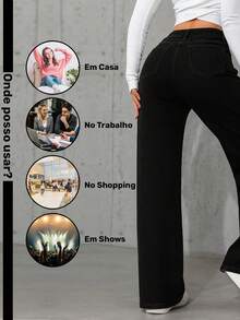 Wide Leg Jeans, Women's High Waist, Premium Fabric, Comfortable, Black - 黑色 - 查看 4