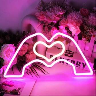 1 pieza Letrero de neón con toque de corazón - Luz de pared LED con gesto rosa para dormitorio, regalo romántico para novia 30x18cm