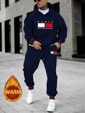 Märke Paris grafiskt bokstavstryck ~ Herr enfärgad lapptäcke i jacquard, ribbad långärmad, enkel huvtröja och långa byxor, mycket lämplig för vardagssporter, träning och fitness, jogging utomhus, träning och vardagskläder hemma.