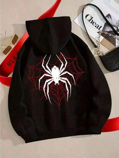 Winter Clothes For WomenSpider Graphic Print Hoodie - Women's Casual Knit Sweatshirt With Bold Spider Web Design, Black With Red Accents, , Relaxed Fit For Fall/Winter Fashion, Spider Hoodie Graphic Hoodies For Men, Cotton Vintage Graphic Hoodies With Hip-Hop , Unisex S, Perfect For Gifting, Ideal For Christmas And Winter, Printed & Shipped In USALoose And Comfortablechristmas Outfit Women Thanksgiving