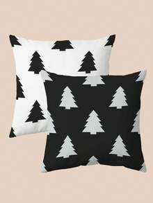 2 件装几何圣诞树图案亚麻抱枕套，黑白图案，18 英寸 x 18 英寸，装饰靠垫套，适用于沙发、卧室、汽车、节日装饰、圣诞装饰、家居装饰 - 黑與白 - 查看 3