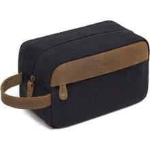 Toiletry Bag For Men Women Vintage Large Leather Canvas Wash Bag Dual Compartments Shaving Dopp Kit Portable Travel Accessory Black