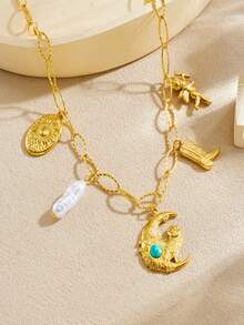 1 vergoldeter Cartoon-Tier-Anhänger mit mehreren Elementen, Teddybär, Eule, Öltropfen-Block, Sonnenlippen, Blumen-Accessoire-Kette, Edelstahl-Halskette