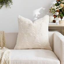 1pc/2pcs Beige Christmas Tree Embossed Decorative Pillow Cover (Pillow Insert Not Included), Reversible Dutch Linen Fabric, Square Cushion Cover, Holiday Home Decor Pillow, Soft Velvet Fabric, Modern Decor For Sofa, Bedroom, Dorm - Beige - View 17