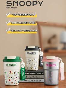 SNOOPY كوب قهوة عازل فراغي من الفولاذ المقاوم للصدأ بسعة 380 مل بشكل سنوبي، كوب سيارة جميل، كوب محمول للخارج مع قش - متعدد الألوان - مشاهدة 9