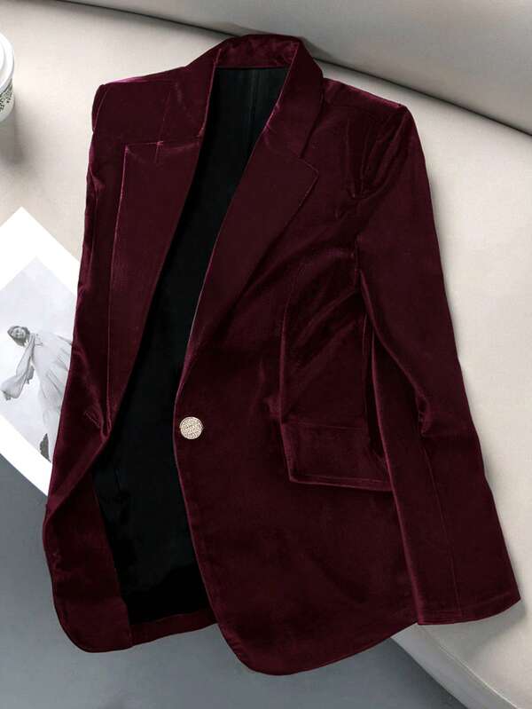 Blazer feminino elegante de veludo com um botão e manga comprida
