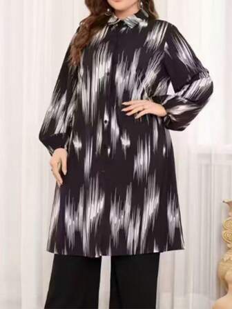 Plus Size Abstract Print Shirt, Bishop Sleeves, Shirt Collar, Non-Stretch Woven Fabric