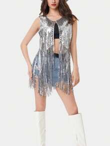 Women Sequin Fringe Vest Sparkly Tassels Jacket Rivet Sleeveless Open Front Tops 70s Hippie Glitter Cardigan Party Cowgirl Concert Outfits - 銀色 - 查看 3