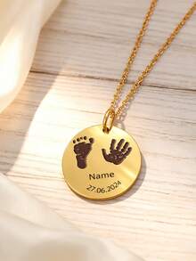 1 pieza Collar personalizado con grabado de huellas de pies y manos, nombre y fecha de nacimiento, regalo para nueva madre, collar de acero inoxidable personalizado con nombre y fecha, colgante redondo único con nombre grabado, regalo de cumpleaños o aniversario - Multicolor - Ver 3