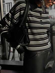 Women's Retro Loose Long Sleeve Fall Sweater Color Block Striped Pullover Lapel Button Down Tops - Negro - Ver 5