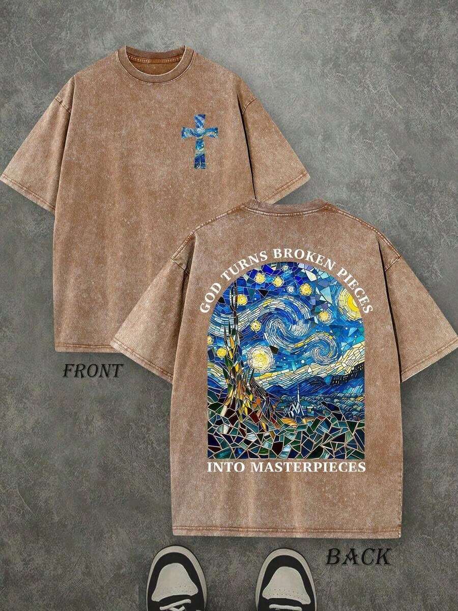 Retro Washed T-Shirt Double Sided Printed (230 Pure Cotton T-Shirt) 'GOD TURNS BROKEN PIECES' Letter Print, Christian Gift, Men's T-Shirt, Men's Casual, Comfortable, Fashionable T-Shirt, Street Style Cotton Fashion Design Soft Fabric Loose Fit Unisex Hip Hop Retro Street Style - 咖啡棕 - 查看 1