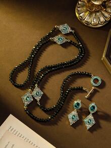 1 szt. zabytkowy naszyjnik z europejskim i amerykańskim wzorem w kształcie rombu z kryształkami, elegancki luksusowy zestaw naszyjnika i kolczyków, odpowiedni na imprezy, bankiety, wesela i inne okazje - Wielokolorowe - Zobacz 1