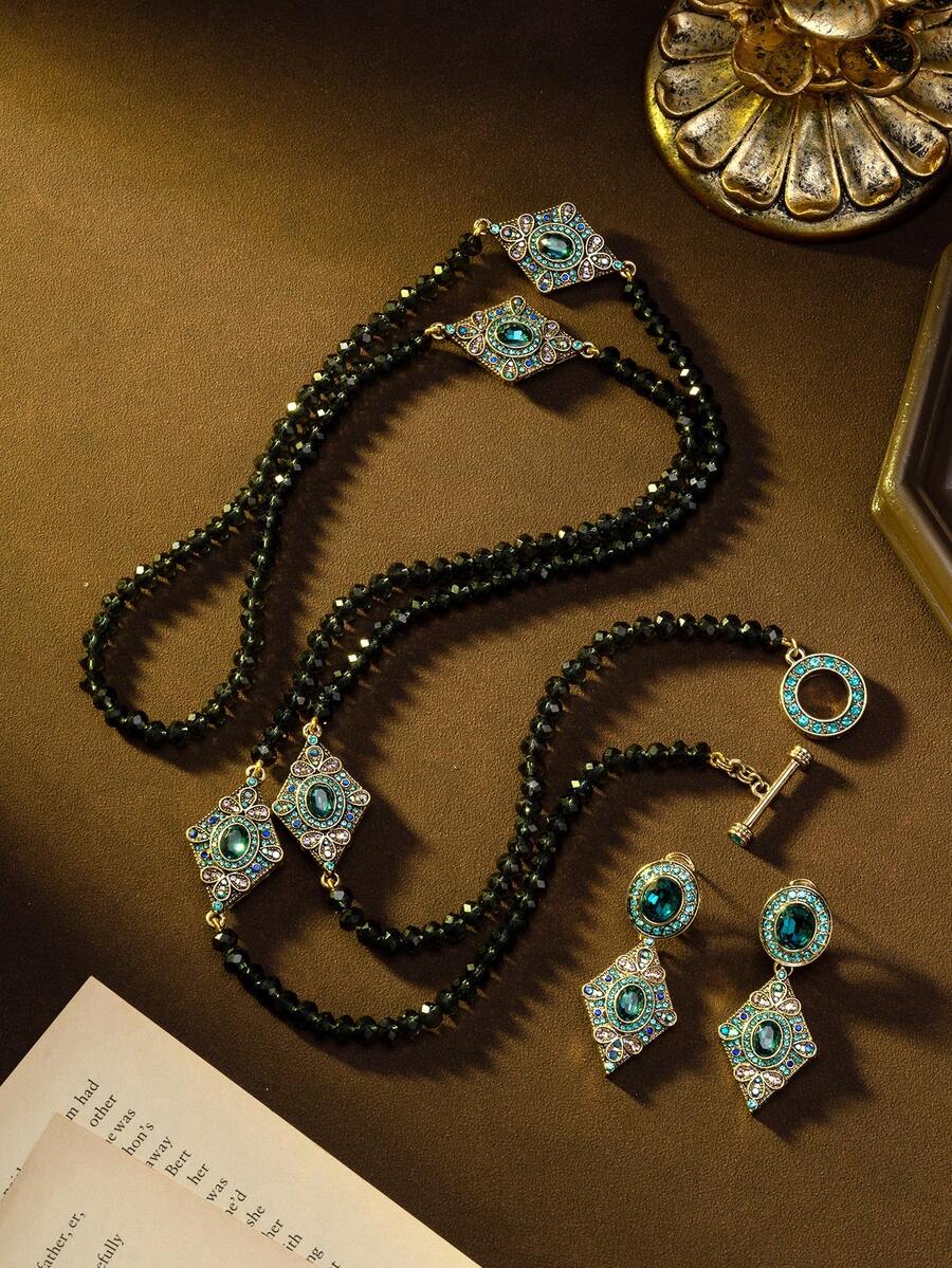 1 szt. zabytkowy naszyjnik z europejskim i amerykańskim wzorem w kształcie rombu z kryształkami, elegancki luksusowy zestaw naszyjnika i kolczyków, odpowiedni na imprezy, bankiety, wesela i inne okazje - Wielokolorowe - Zobacz 1