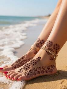6pcs Temporary Tattoo Templates, Suitable For Real Tattoos, Foot Flower Tattoo Templates. Reusable Temporary Tattoo Template Kit, Suitable For Body Dressing(6pcs/2pcs),Tattoo Stencil - Black - View 4