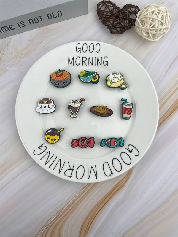 10 Peças/Conjunto Série de Alimentos Acessórios de Chinelo com Padrão Cartoon de Doces e Bebidas, Decoração DIY, Adequado para Presentes de Férias