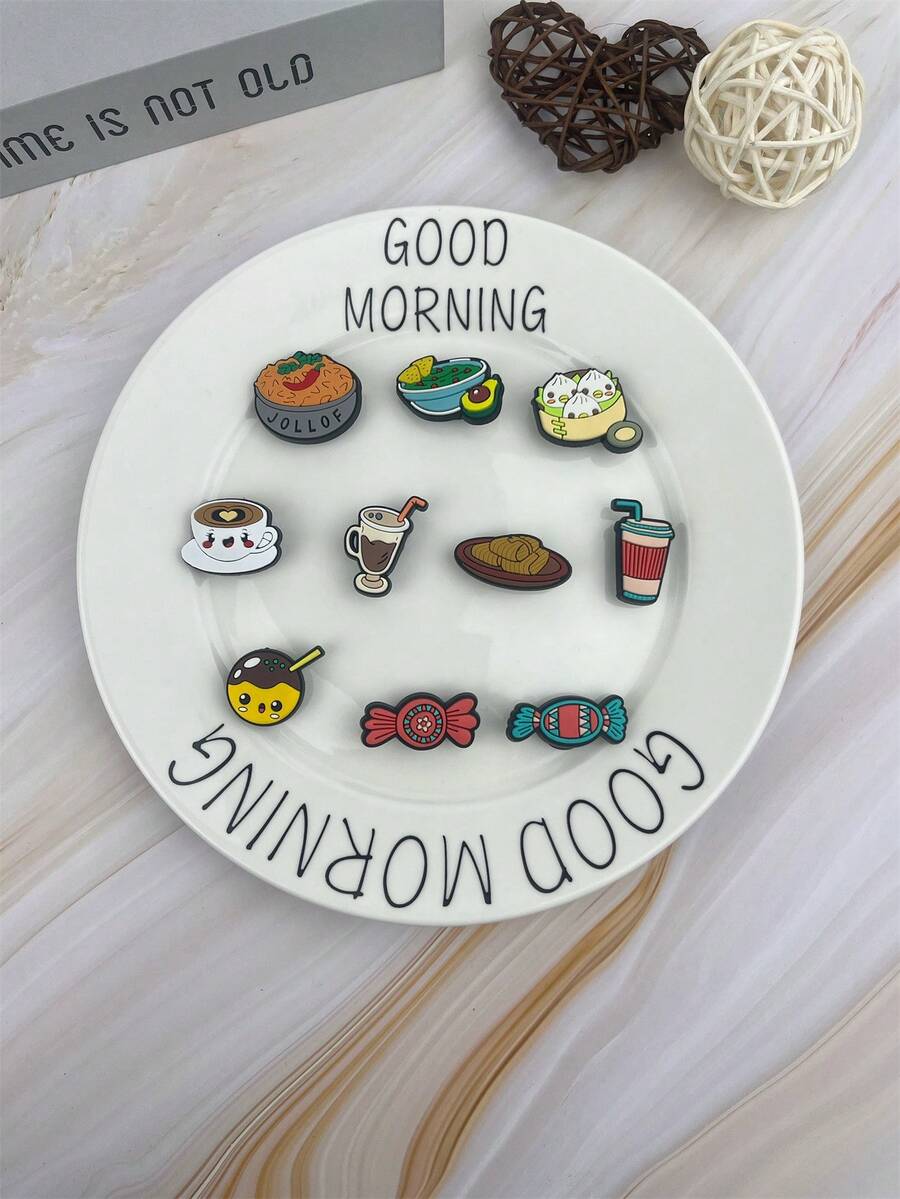 10 Peças/Conjunto Série de Alimentos Acessórios de Chinelo com Padrão Cartoon de Doces e Bebidas, Decoração DIY, Adequado para Presentes de Férias