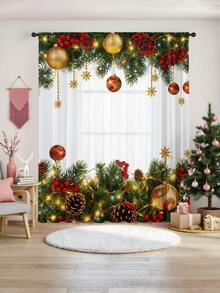 Cortina transparente decorativa com estampa de galhos de pinheiro e frutas natalinas (1 unidade), ideal para sala de estar, quarto, cozinha e decoração de festas de Natal. Gramatura: 100g/m². Ideal para decoração de Natal, decoração natalina e decoração de casa.