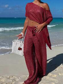 Women Y2K Crochet Knit Poncho Sheer Cover Up Shawl Flowy Lightweight Shrug Loose Fit Hollow Out Sweater Top - 紅色 - 查看 3